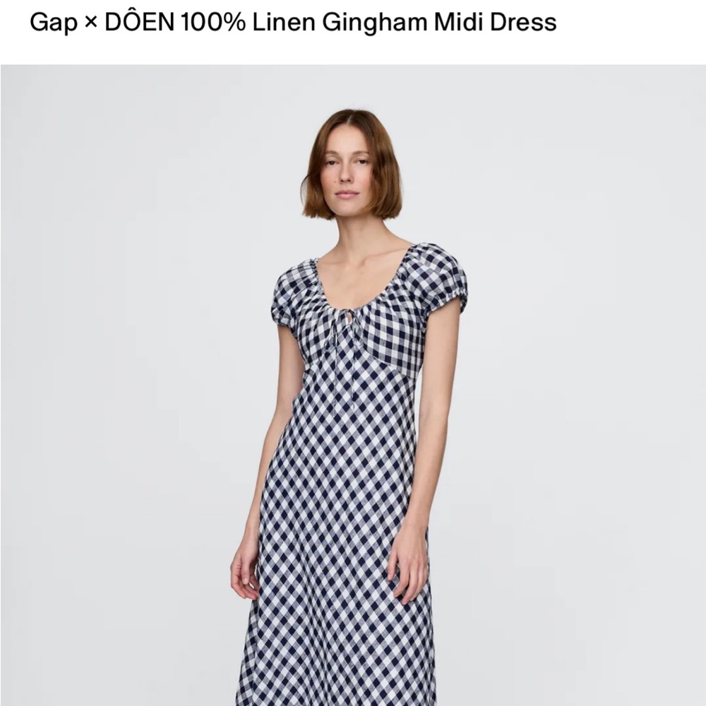 Doen Blue and White Tie Front Puff Sleeve Midi Dress